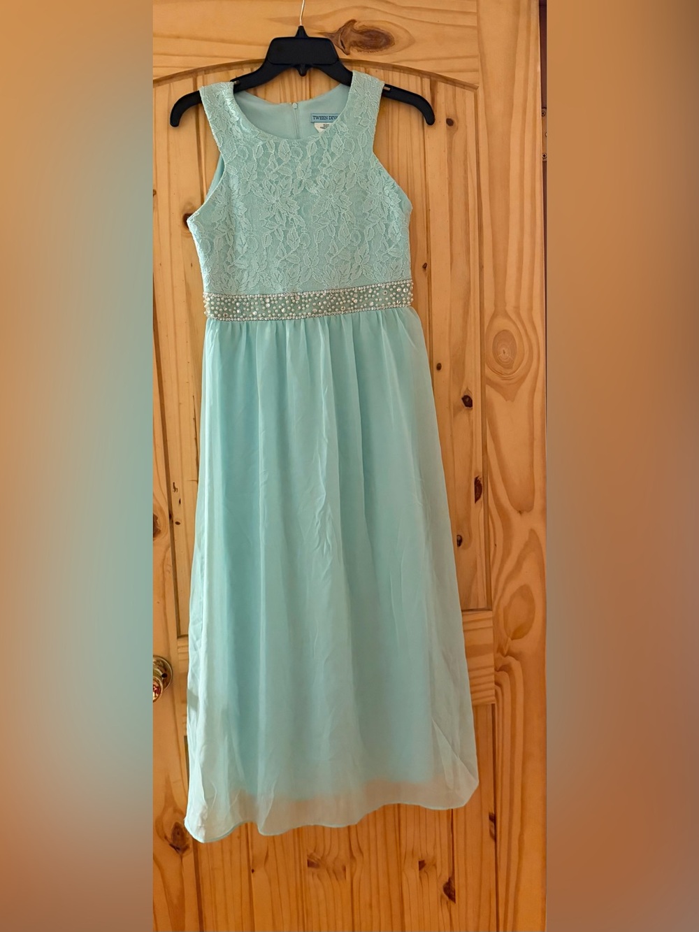 Tween Diva Girls Mint sparkly Lace Bodice Maxi Dress with Jeweled Waist